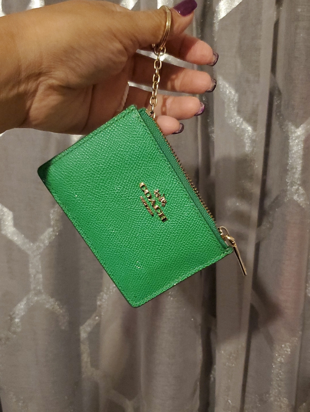 Coach Emerald Green Zip Card Case with Key Ring